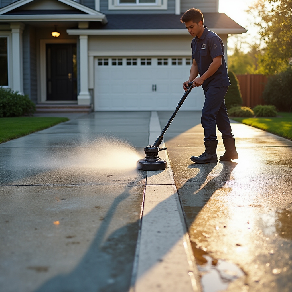 A residential driveway being rinsed clean with a surface cleaner attachment
